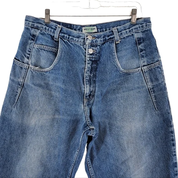 Vtg Guess Blue Jeans Men 34x29.5 Baggy Hi Rise Tapered Distressed USA 90s Grunge - Picture 7 of 15